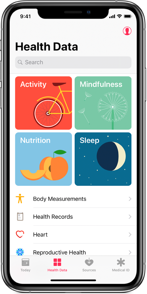 The Health Data screen of the Health app, with Activity, Mindfulness, Nutrition, and Sleep categories. The Profile button is at the top right. At the bottom, from left to right, are the Today, Health Data, Sources, and Medical ID tabs.