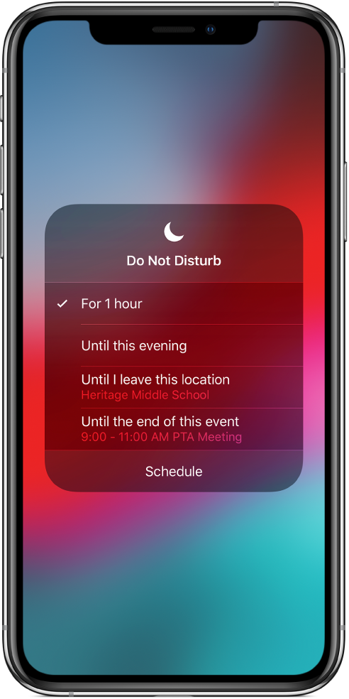 A screen showing options to turn on Do Not Disturb for one hour, until this evening, until you leave a location, or until the end of an event.