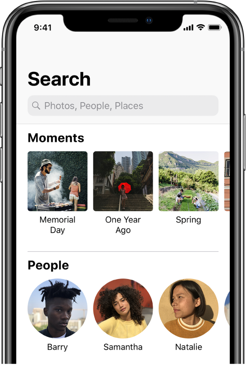 The Search tab populated with suggestions for Moments, People, and Places. The search bar is located at the top.