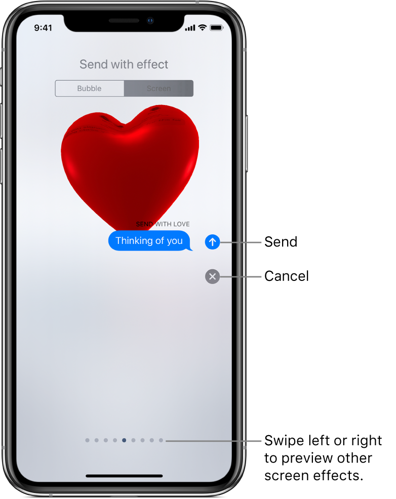 A message preview showing a full-screen effect with a red heart.