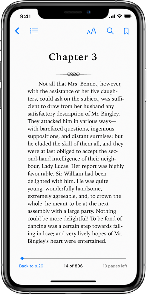 The page of a book open in the Books app with buttons at the top of the screen, from left to right, for closing the book, viewing the table of contents, changing the text, searching, and bookmarking. There’s a slider at the bottom of the screen.