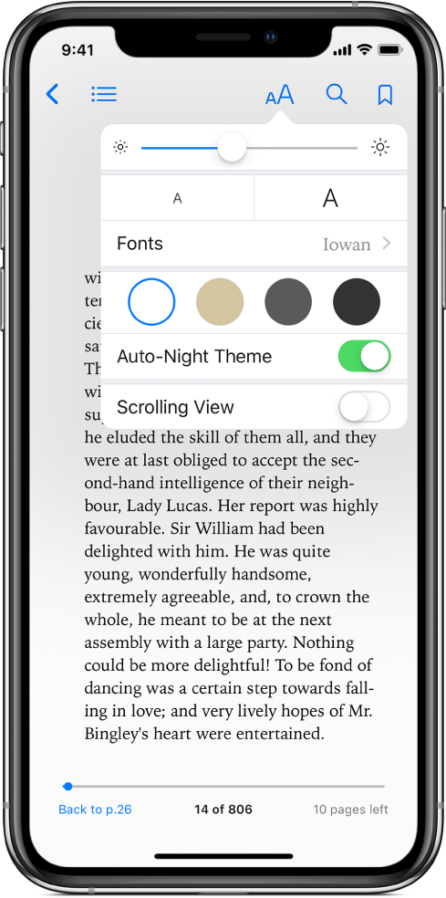 The appearance menu showing controls for, from top to bottom, brightness, font size, font, page color, auto-night theme, and scrolling view.