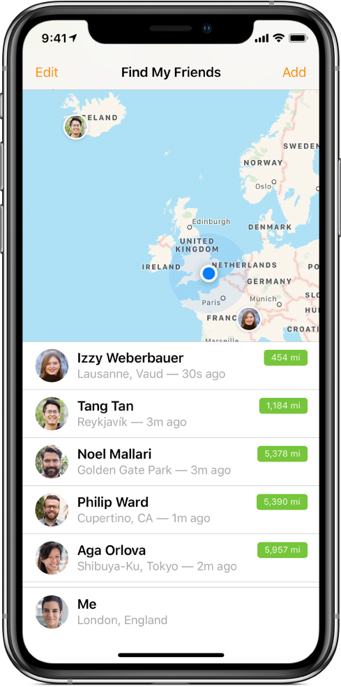 A Find My Friends screen, with a map at the top showing the locations of your friends, and a list at the bottom showing your friends’ names, their locations, and their distance from you.