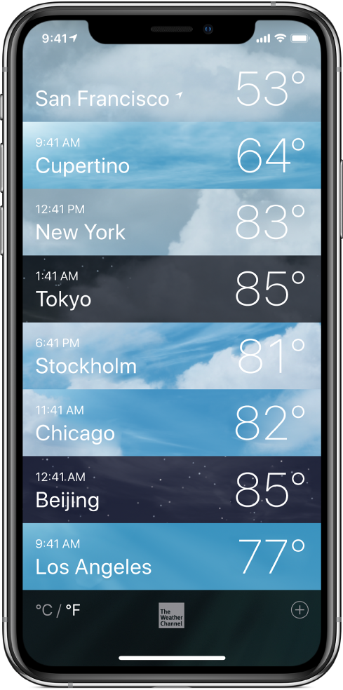 A list of cities showing the time and current temperature for each.