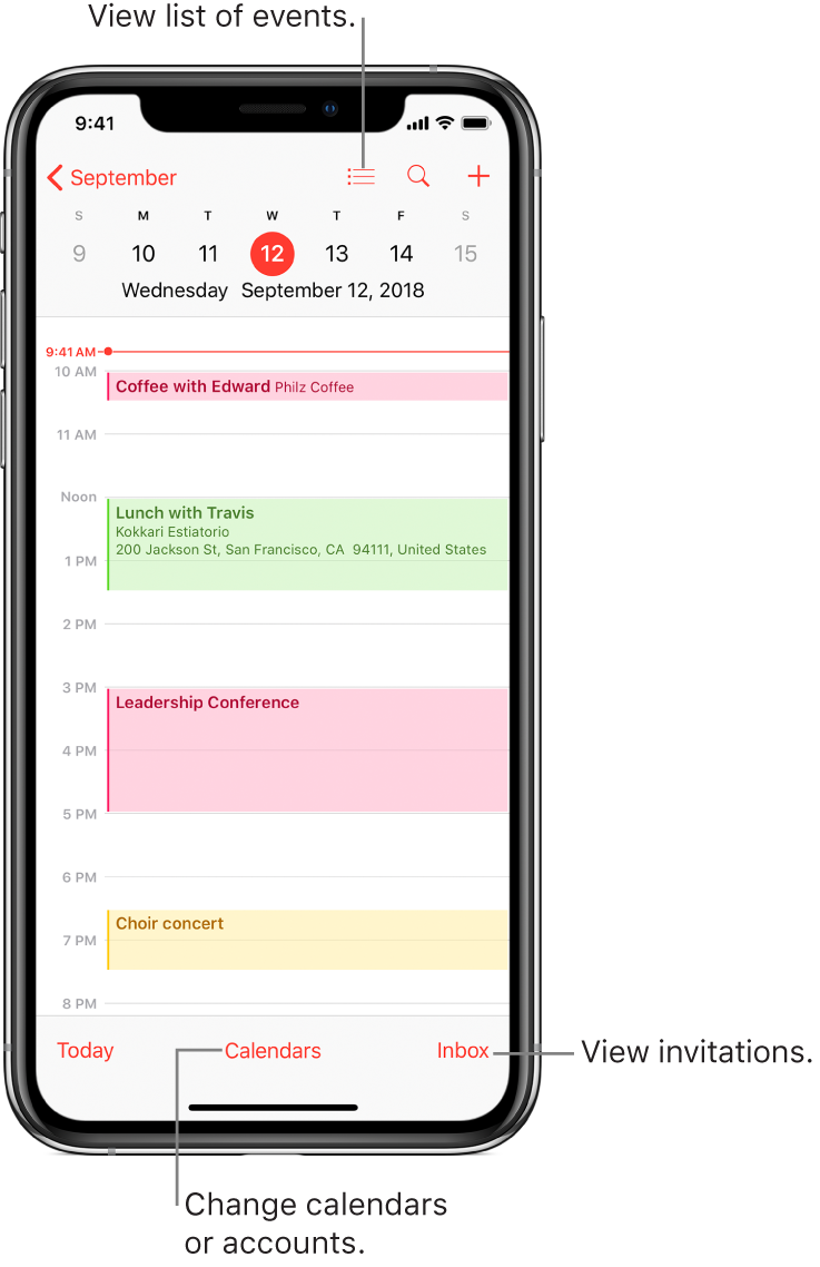 A calendar in day view showing the day’s events. Tap the Calendars button at the bottom of the screen to change calendar accounts. Tap the Inbox button at the bottom right to view invitations.