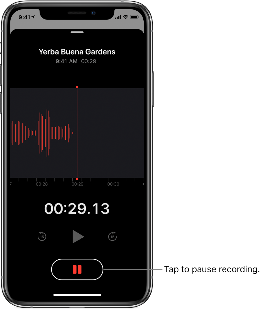 The Voice Memos screen showing a recording in progress, with an active Pause button and dimmed controls for playing, skipping forward 15 seconds, and skipping backward 15 seconds. The main part of the screen shows the waveform of the recording that’s in progress, along with a time indicator.