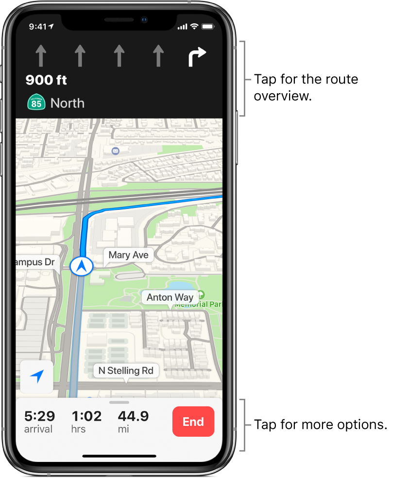 A map showing a route, including an instruction to take a right turn in 900 feet. At the bottom of the map, the arrival time, travel time, and total mileage appear to the left of the End button.