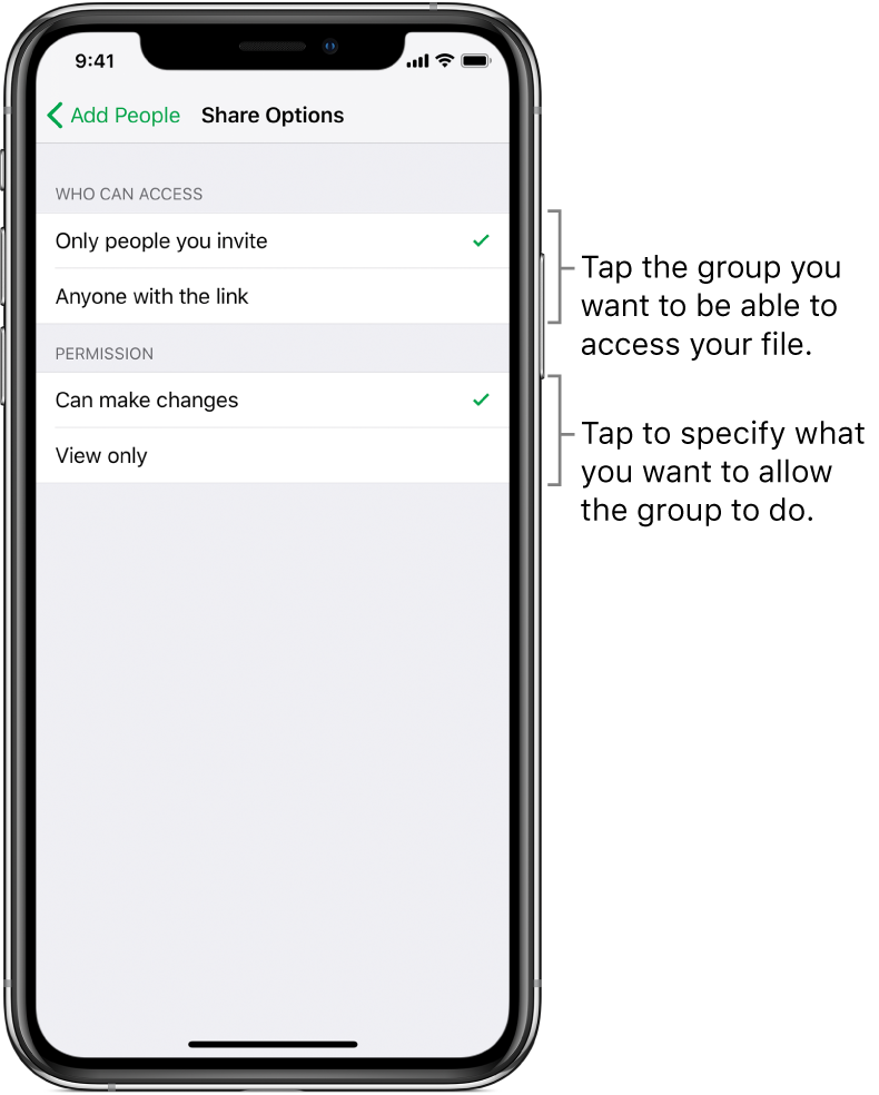 The Share Options screen, showing the permissions you can set for the shared file. At the top are options for who can access the file (only people you invite or anyone who has a link to the file). Below that are the actions you want to allow for those people (make changes to the file or only view it).