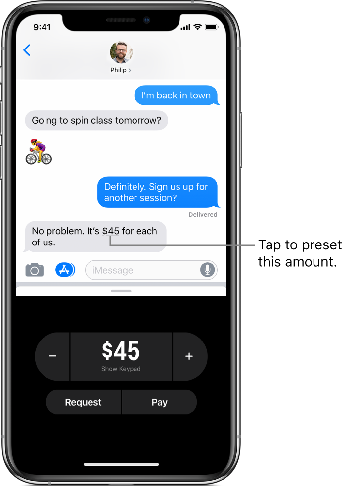 An iMessage conversation with the Apple Pay app open at the bottom.