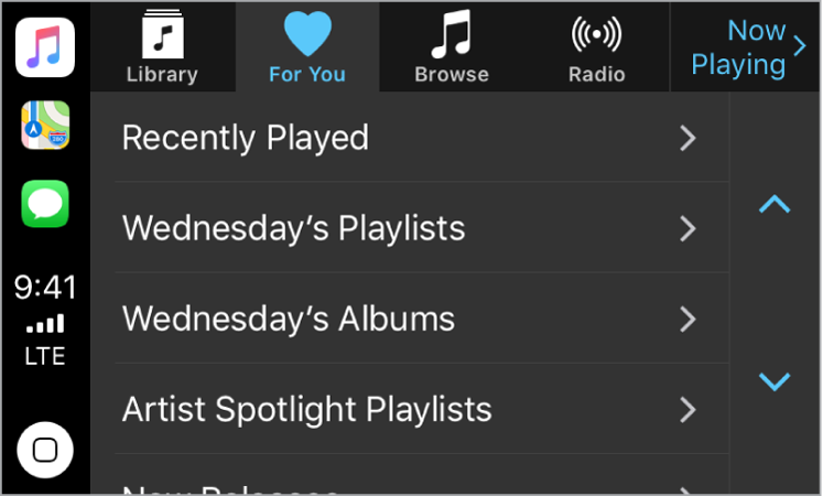 CarPlay display showing For You music selections. Other music choices—New, Radio, Playlists, and My Music—appear as buttons across the top. At the bottom-left corner is the Home button.