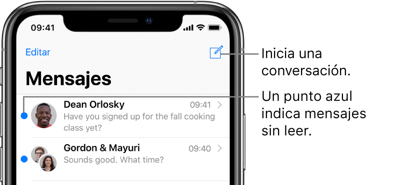 La lista Mensajes, con el botón Editar en la parte superior izquierda y el botón Redactar en la parte superior derecha. Un punto azul a la izquierda del mensaje indica que no se ha leído.