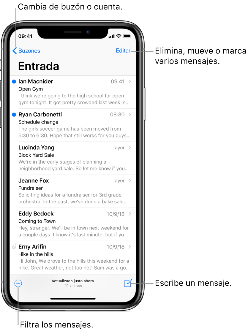 El buzón de entrada, mostrando una lista de correos. El botón Buzones, que permite cambiar a otro buzón, está en la esquina superior izquierda. El botón Editar para eliminar, mover o marcar correos se encuentra en la esquina superior derecha. El botón para filtras correos (para que sólo se muestren ciertos tipos de correos) se encuentra en la esquina inferior izquierda. El botón para componer un correo nuevo se encuentra en la esquina inferior derecha.