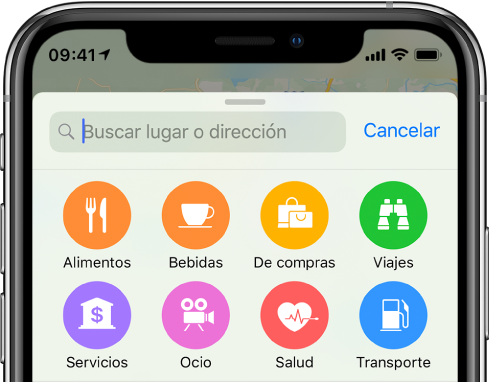 Debajo del campo de búsqueda aparecen ocho botones de los servicios. Los botones de la fila superior son Comida, Bebidas, Compras y Viajes. Los botones de la fila inferior son Servicios, Entretenimiento, Salud y Transporte.