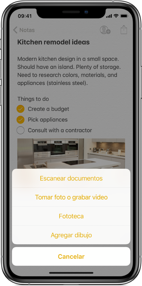 Una nota con el menú Insertar, mostrando las opciones "Escanear documentos" "Tomar foto o video", "Fototeca" o "Agregar dibujo".