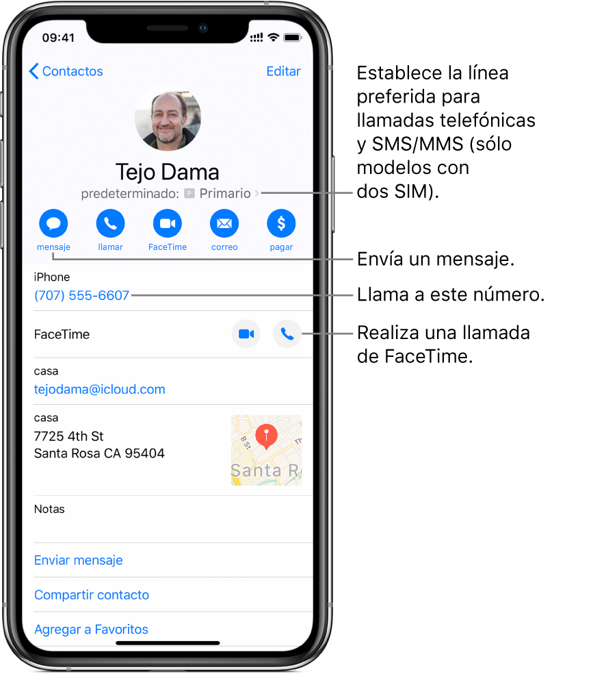 La pantalla de información de un contacto. En la parte superior se encuentra el nombre y la foto del contacto. Debajo se encuentran los botones para enviar un mensaje, realizar una llamada de teléfono, realizar una llamada de FaceTime y enviar un mensaje de correo. Debajo de los botones se encuentra la información de contacto.