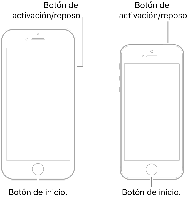 Ilustraciones de dos tipos de modelos de iPhone con la pantalla hacia arriba. Ambos tienen botones de inicio cerca de la parte inferior. El modelo de la izquierda tiene un botón de activación/reposo en el borde derecho del dispositivo cerca de la parte superior; mientras que el modelo de la derecha tiene un botón de activación/reposo en la parte superior del dispositivo, cerca del borde derecho.