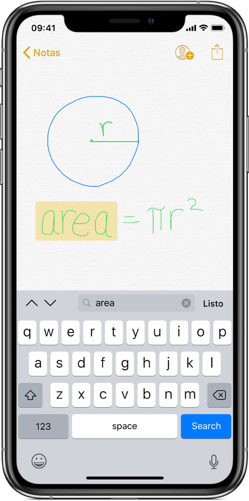 Una nota con escritura a mano que se puede buscar. Se ingresa el término de búsqueda "área" en el campo de búsqueda y la palabra está resaltada en la nota.