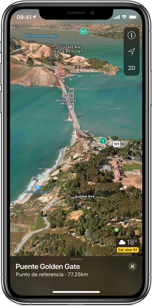 Un mapa satelital 3D del área alrededor del Golden Gate Bridge. Los botones "Seguimiento desactivado", "Configuración" y "2D" aparecen en la esquina superior derecha, y el ícono del clima con la temperatura y el índice de la calidad del aire aparece en la parte inferior derecha.