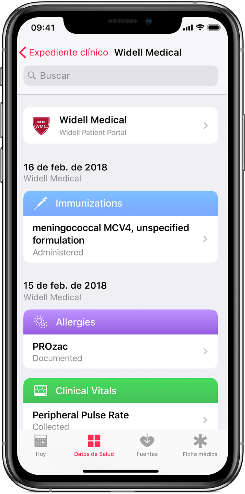 Una captura de pantalla de expedientes médicos en orden cronológico, con el más reciente en la parte superior. En la parte superior se muestra que la fuente del expediente es el portal de pacientes de Widell Medical. El expediente más reciente es del 16 de febrero de 2018 e incluye información sobre la vacuna contra meningococemia MCV4 de una fórmula no especificada. Debajo se muestran dos registros de vacunación, uno del 15 de febrero de 2018 para una alergia PROzac y el otro para indicar que se obtuvo una frecuencia de pulso periférica.