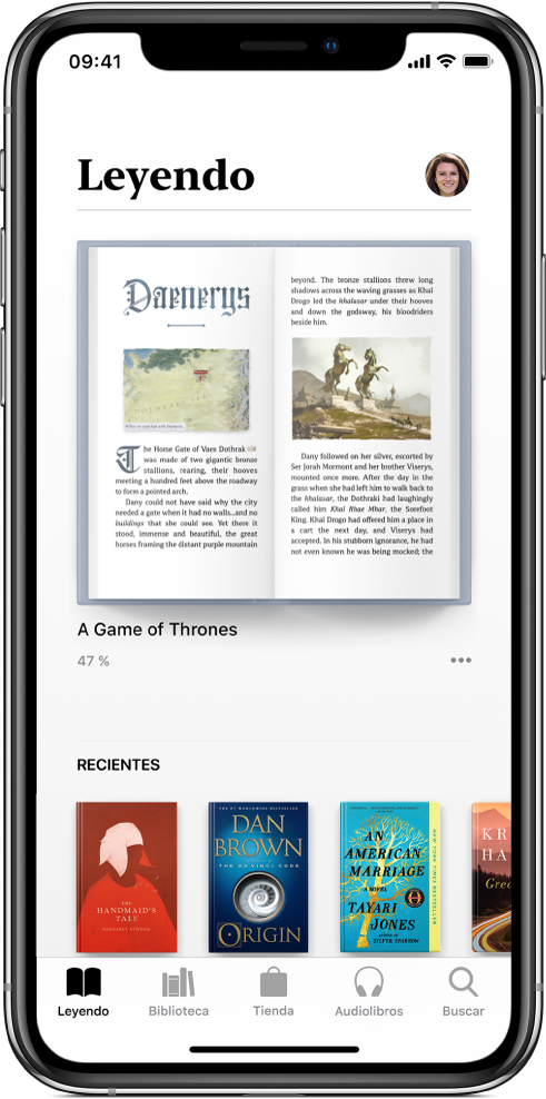 La pestaña Leyendo de la app Libros. En la parte inferior de la pantalla, de izquierda a derecha, se encuentran las pestañas Leyendo, Biblioteca, Tienda, Audiolibros y Buscar.