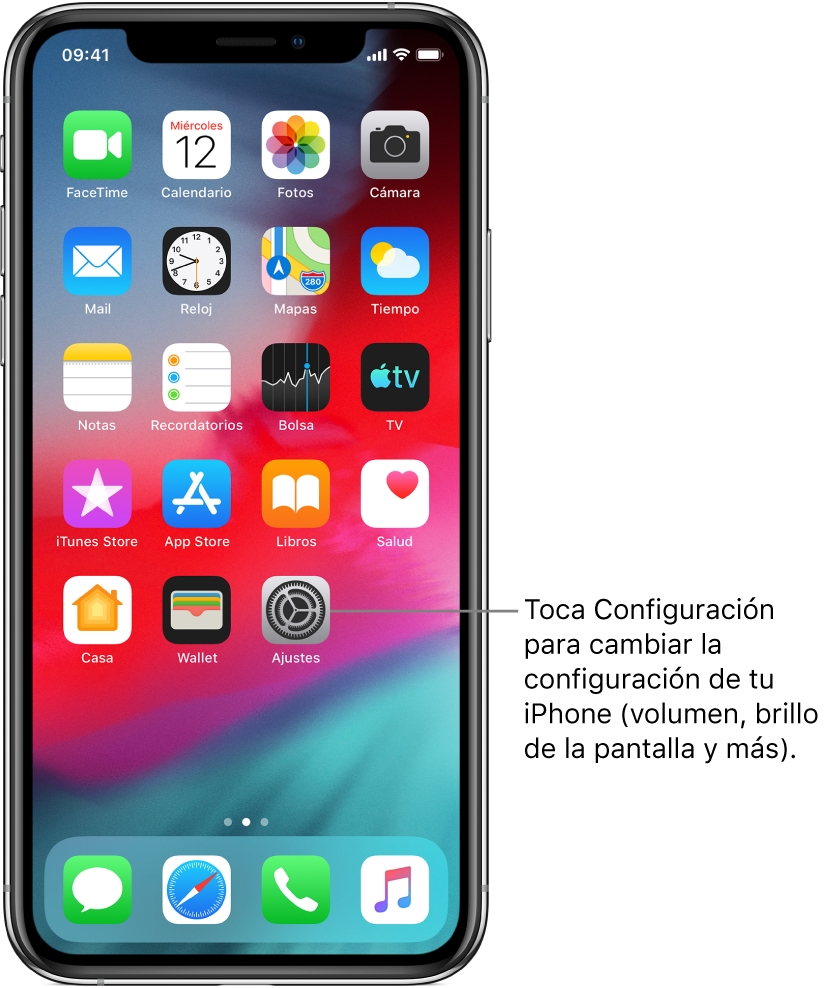 Pantalla de inicio con varios íconos, incluyendo el ícono de Configuración, que puedes tocar para modificar el nivel del volumen, el brillo de de la pantalla y más.