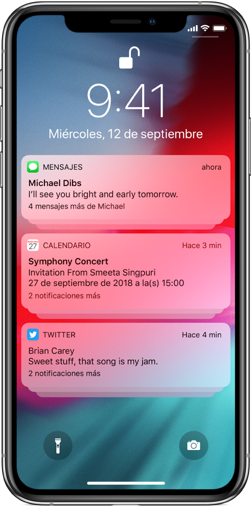 Tres grupos de notificaciones en la pantalla bloqueada: cinco mensajes, tres invitaciones de Calendario y tres notificaciones de Twitter.