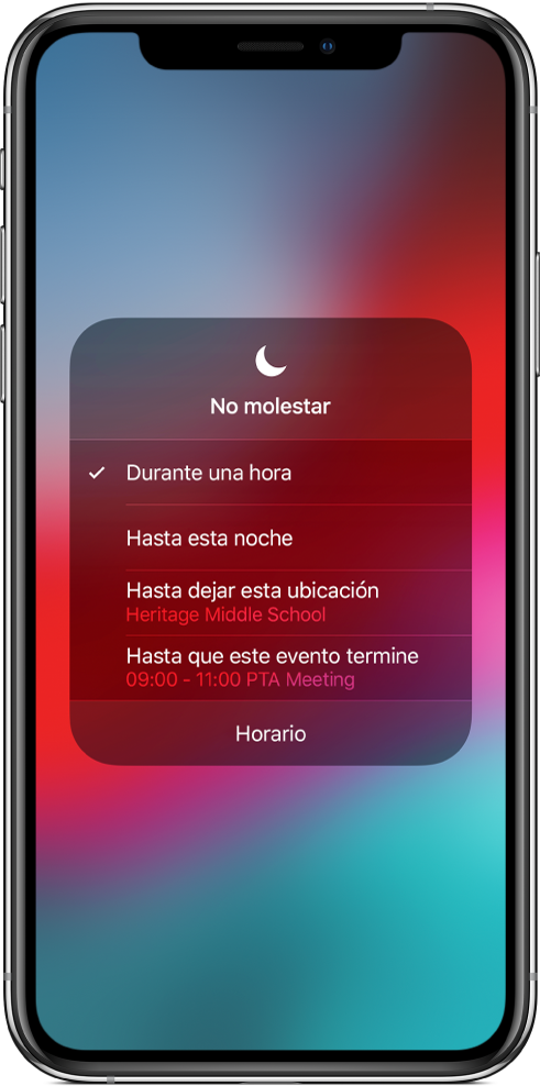 La pantalla para elegir cuándo tiempo permanece activo "No molestar". Las opciones son "1 hora", "Hasta esta noche", "Hasta dejar esta ubicación" y "Hasta que este evento termine".