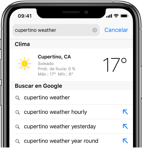 En la parte superior de la pantalla se encuentra el campo de búsqueda de Safari con el texto "cupertino weather". Debajo del campo de búsqueda se encuentra un resultado de la app Clima, mostrando el clima actual y la temperatura de Cupertino. Debajo de eso se encuentran los resultados de la búsqueda de Google, incluyendo “cupertino weather”, “cupertino weather hourly”, “cupertino weather yesterday” y “cupertino weather year round”. En el lado derecho de cada resultado hay una flecha azul que dirige a una página específica del resultado de búsqueda.