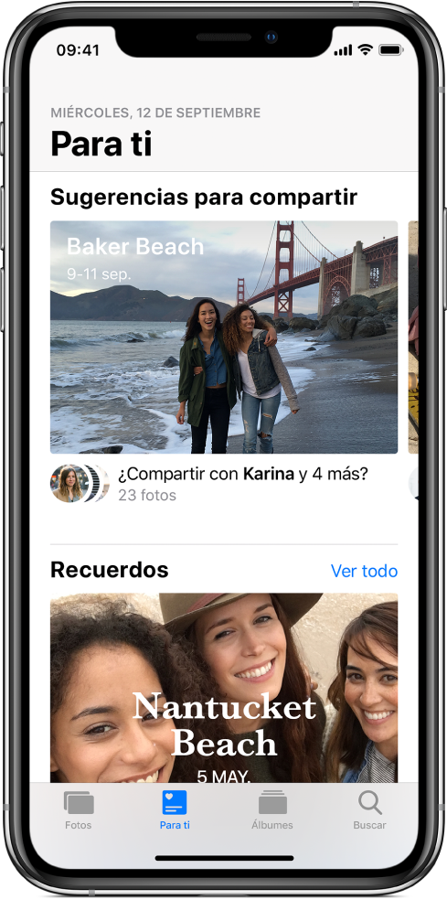 La app Fotos mostrando el botón "Para ti" seleccionado en la parte inferior de la pantalla y una sugerencia para compartir en la parte superior.