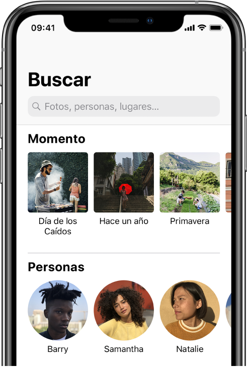 La pestaña Buscar con sugerencias para Momentos, Personas y Lugares. La barra de búsqueda está en la parte superior.