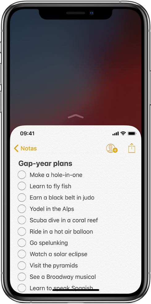 Pantalla del iPhone con "Alcance fácil" activado. La parte superior de la pantalla se ha movido hacia abajo, poniendo una lista de la app Notas dentro del alcance de tu pulgar.