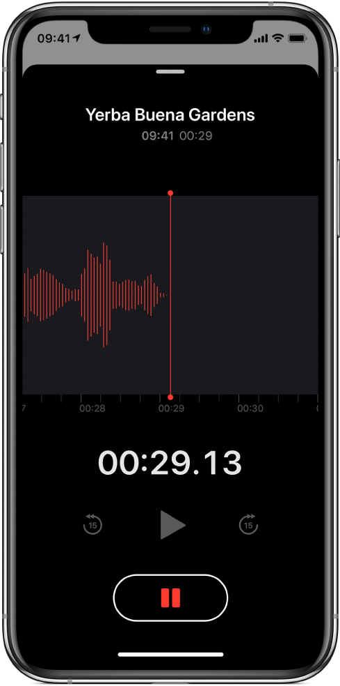 La pantalla de Notas de Voz mostrando una grabación en progreso.