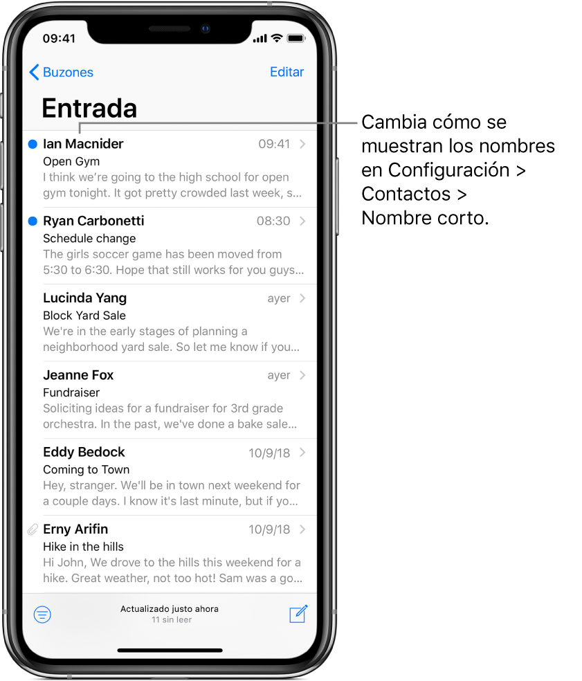 Una vista previa de un correo en el buzón de entrada mostrando el nombre del remitente, la hora en la que se envió el correo, el asunto y las dos primeras líneas del correo. Para cambiar cómo se muestran los correos, ve a Configuración > Contactos > Nombre corto.