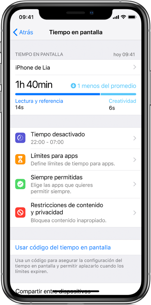 Las configuraciones de "Tiempo en pantalla" que puedes activar: "Tiempo desactivado", "Límites para apps", "Siempre permitidas" y "Restricciones de contenido y privacidad".