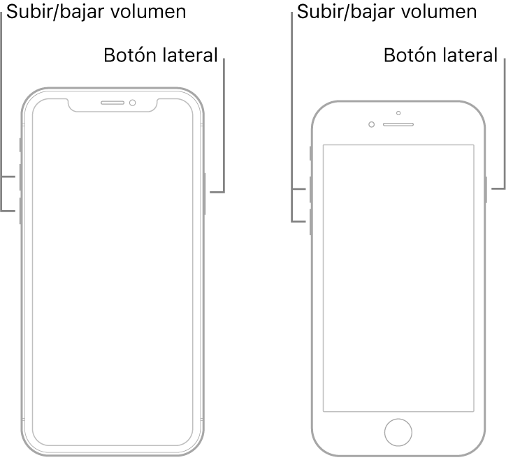 Ilustraciones de dos tipos de modelos de iPhone con la pantalla hacia arriba. El modelo de la izquierda no tiene botón de inicio, mientras que el de la derecha tiene un botón de inicio cerca de la parte inferior del dispositivo. En ambos modelos, los botones para subir y bajar el volumen se encuentran en el lado izquierdo, y el botón lateral está en el lado derecho.