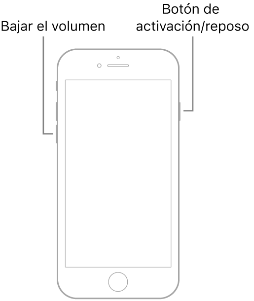 Una ilustración de un iPhone 7 con la pantalla hacia arriba. El botón para bajar el volumen se encuentra en el lado izquierdo del dispositivo, y el botón Activación/reposo está en el lado derecho.