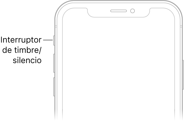 Parte superior del frente del iPhone con un texto que indica dónde está el interruptor de tono/silencio.