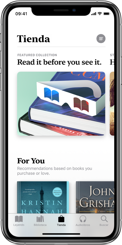 En la app Libros, se muestra una pantalla de la tienda. En la parte inferior de la pantalla, de izquierda a derecha, se encuentran las pestañas Leyendo, Biblioteca, Tienda, Audiolibros y Buscar; la pestaña Tienda está seleccionada. La pantalla también muestra libros y categorías de libros que se pueden explorar y comprar.