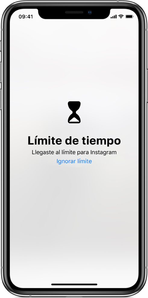 Pantalla mostrando una alerta de límite de tiempo que indica que se pasó una hora en Instagram hoy. Debajo de la alerta hay un botón que dice "Ignorar límite".