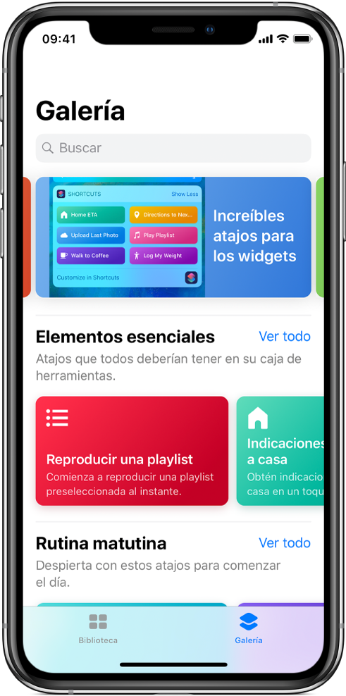 La pestaña Galería de la app Atajos mostrando sugerencias de atajos.