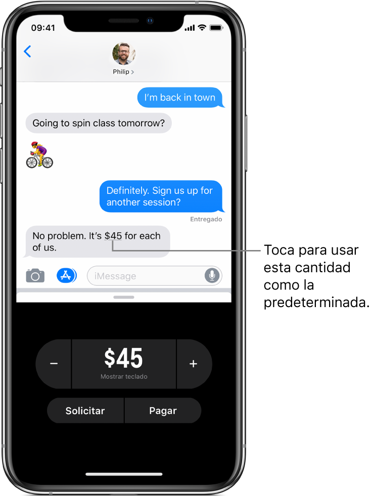 Conversación de iMessage con la app Apple Pay abierta en la parte inferior.