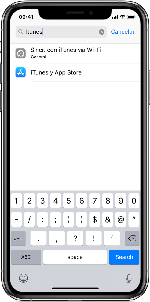 La pantalla para buscar configuraciones, con el campo de búsqueda en la parte superior de la pantalla. El campo de búsqueda tiene el texto "iTunes" y debajo se muestran dos resultados de búsqueda en una lista.