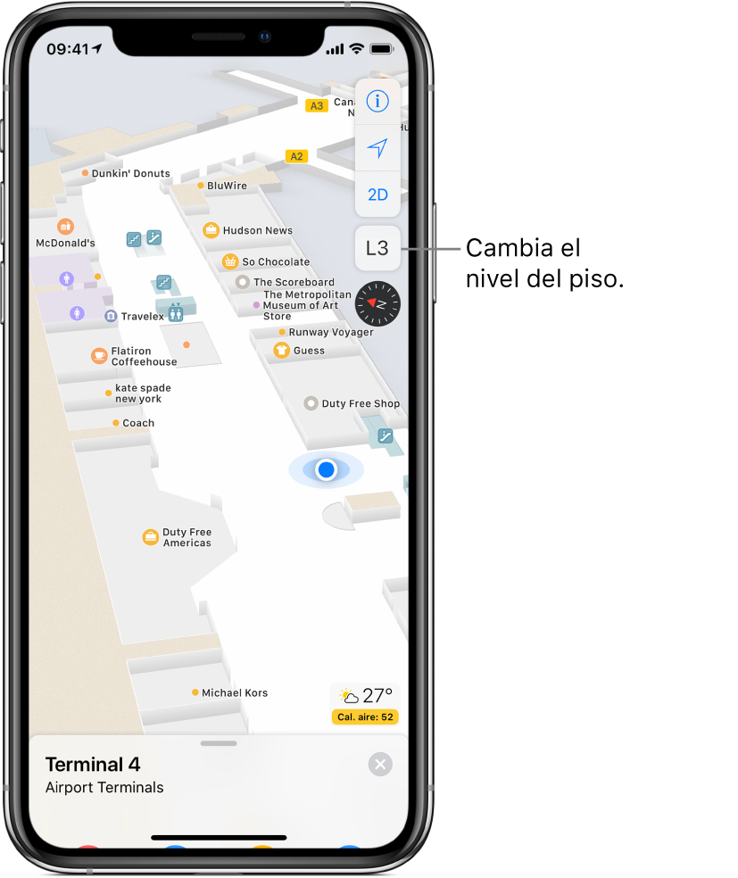 Un mapa interior de la terminal de un aeropuerto. El mapa muestra varias ubicaciones, incluyendo puertas de abordaje, baños y puntos de inspección de seguridad. En la parte inferior de la pantalla hay una tarjeta que muestra la terminal A.