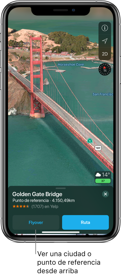 Imagen de una parte del Golden Gate. En la parte inferior de la pantalla, una tira muestra el botón Flyover a la izquierda del botón Ruta.