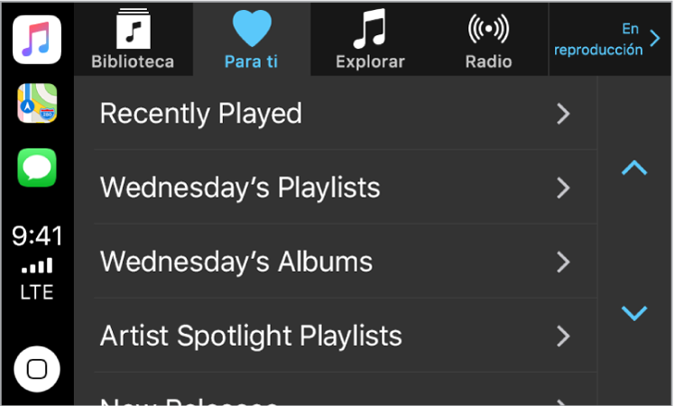 Pantalla de CarPlay mostrando las selecciones de música “Para ti”. Las demás opciones de música —Nuevo, Radio, “Listas de reproducción” y “Mi música”— aparecen como botones en la parte superior. En la esquina inferior izquierda, se encuentra el botón de inicio.