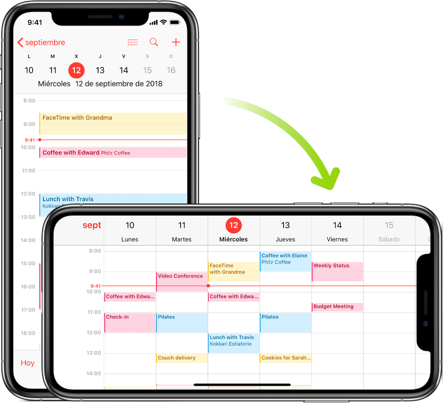 En segundo plano, el iPhone muestra una pantalla de Calendario, con los eventos de un día en sentido vertical; en primer plano, el iPhone está girado en horizontal y muestra los eventos de Calendario de toda la semana a la que pertenece ese día.