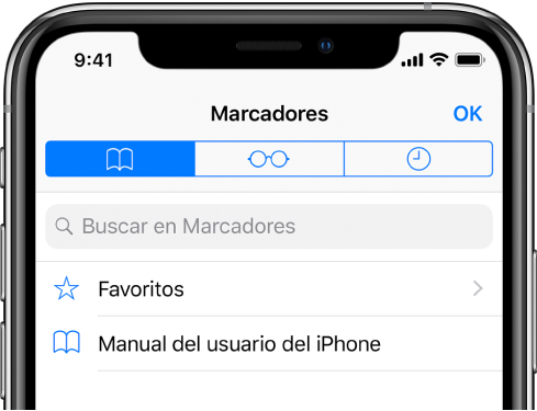 Pantalla Marcadores con opciones para ver los favoritos y el historial de navegación junto con los marcadores.