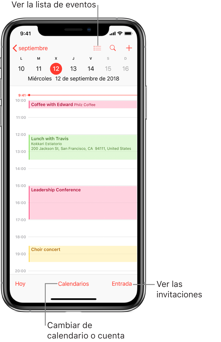 Calendario en la visualización diaria con los eventos del día. Pulsa el botón Calendarios de la parte inferior de la pantalla para cambiar las cuentas de calendarios. Pulsa el botón Entrada situado en la parte inferior derecha para ver las invitaciones.
