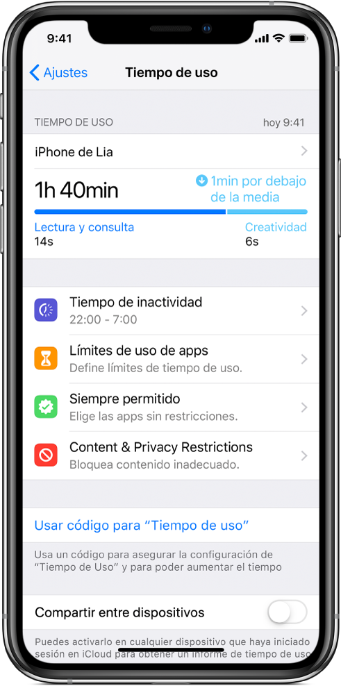 Ajustes de “Tiempo de uso” que se pueden activar: “Tiempo de inactividad”, “Límites de uso de apps”, “Siempre permitido” y “Restricciones de contenido y privacidad”.