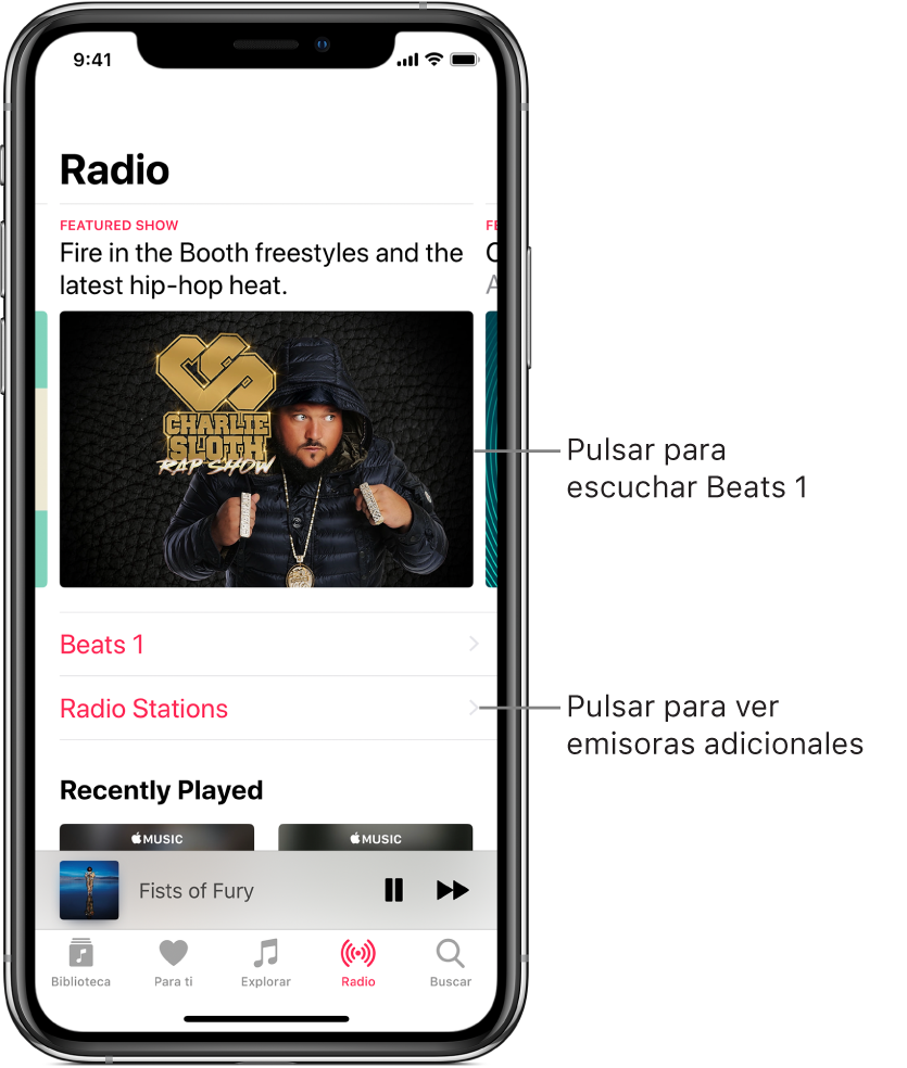 Pantalla Radio con la emisora Beats 1 en la parte superior. Abajo se muestran entradas de emisoras y Beats 1.